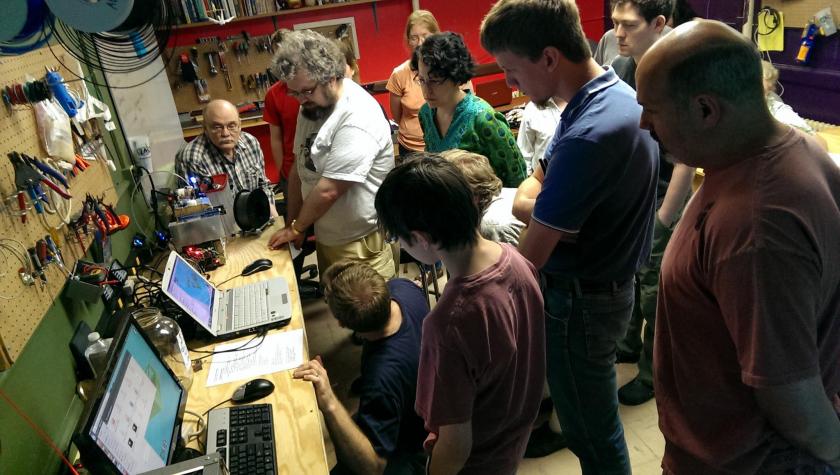 Participants gather at Makerspace Urbana for a workshop on 3D printing.